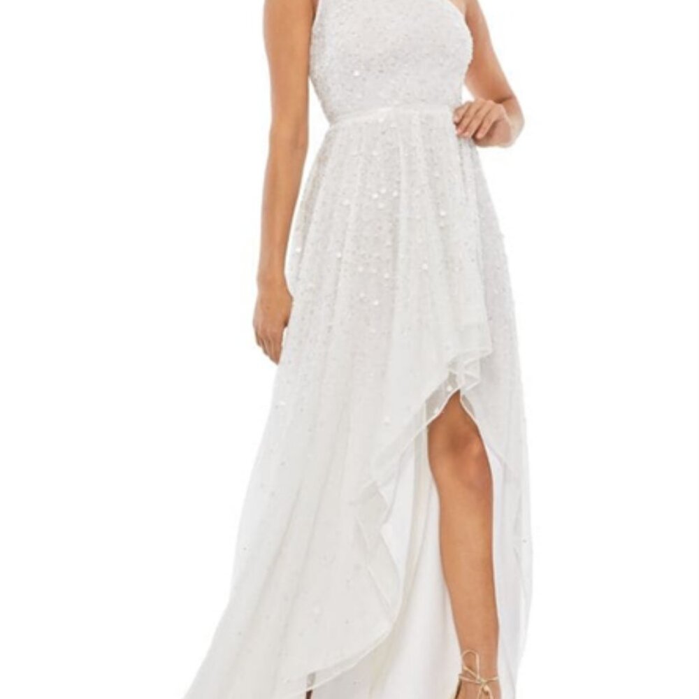 Mac Duggal Embellished One Shoulder Hi Lo Gown Dress White 10825